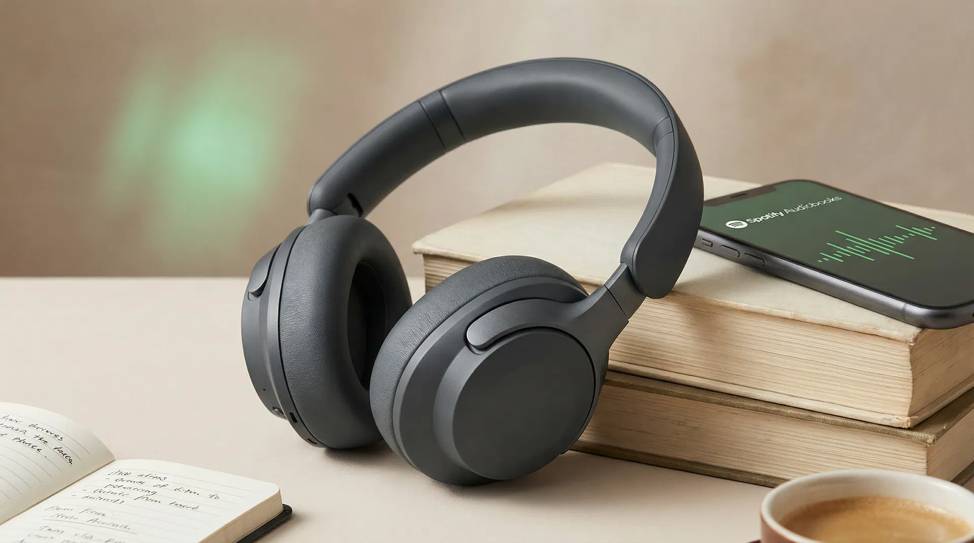 Wireless headphones resting on a stack of books beside a smartphone showing Spotify Audiobooks