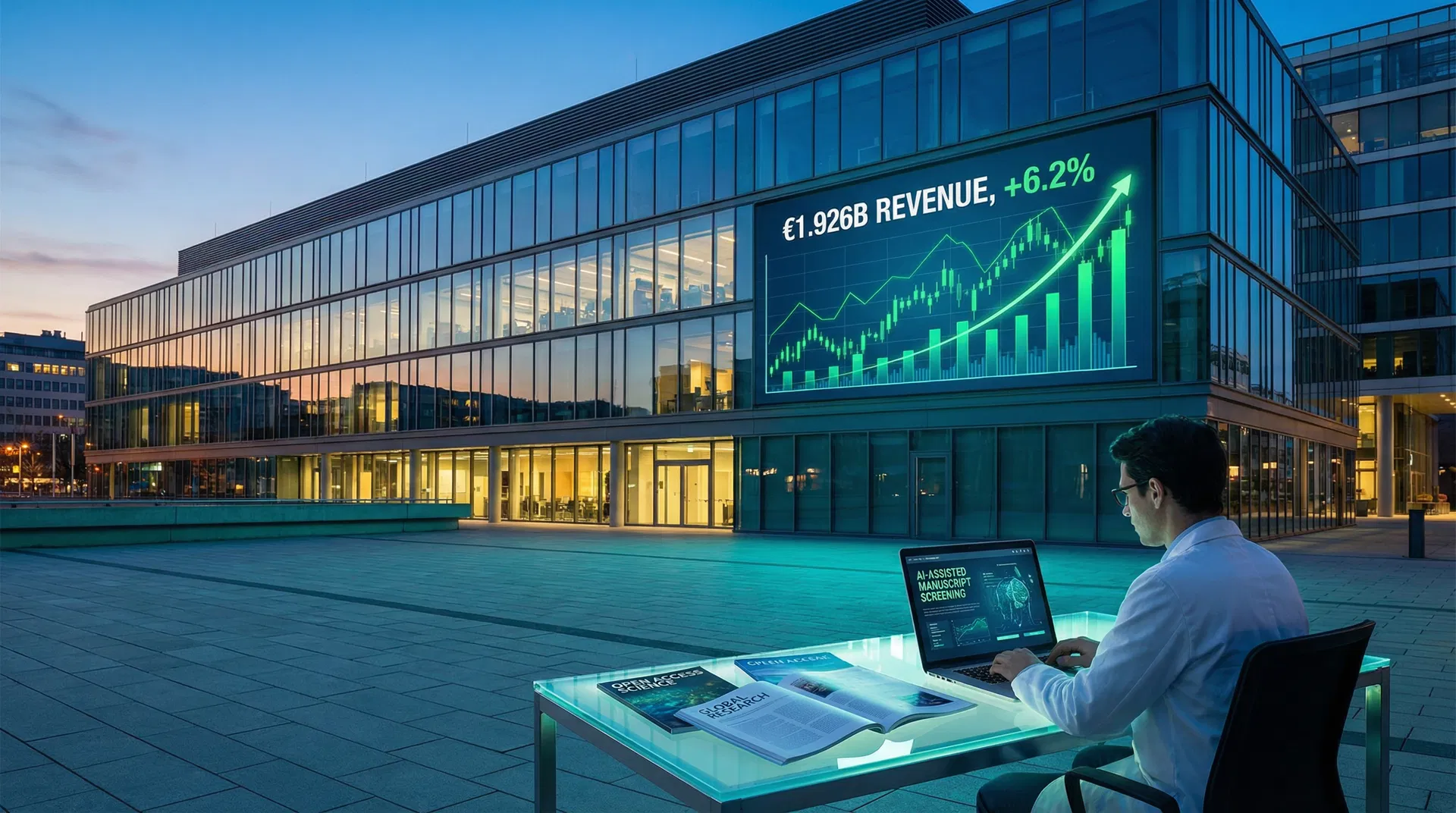 Springer Nature headquarters at dusk with financial growth charts showing €1.926B revenue and +6.2% displayed on the building facade