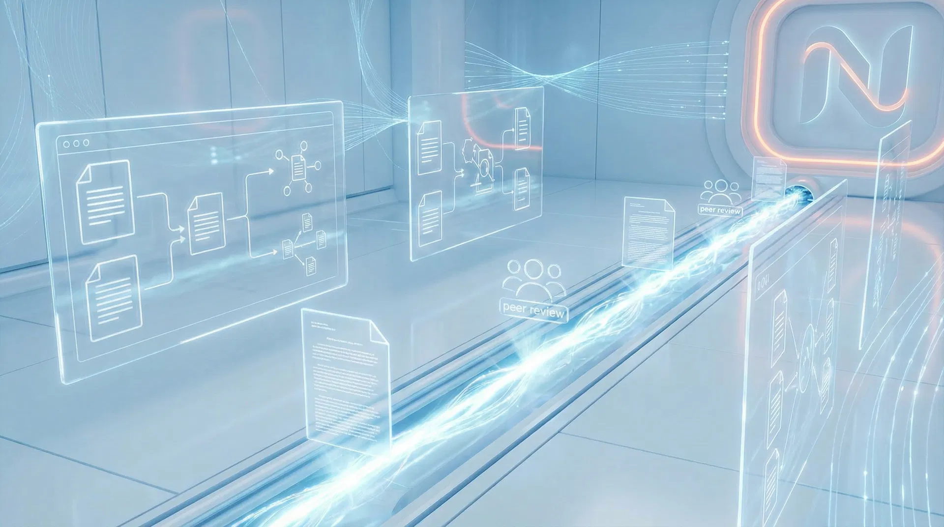 Scientific manuscripts being processed through a digital AI workflow pipeline in academic publishing