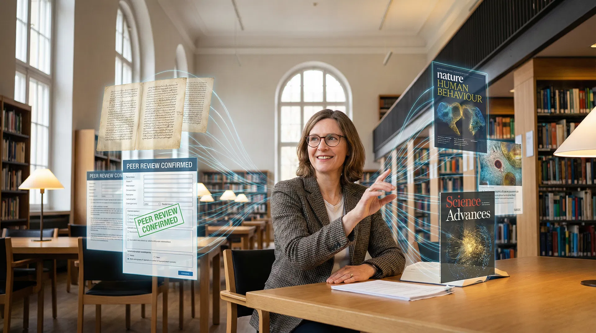 Researcher in academic library with holographic AI data flows connecting manuscript pages and journal covers