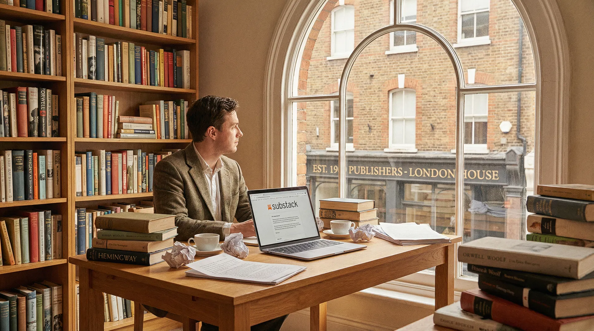 Writer at desk with Substack open on laptop, traditional London publishing house visible through arched window