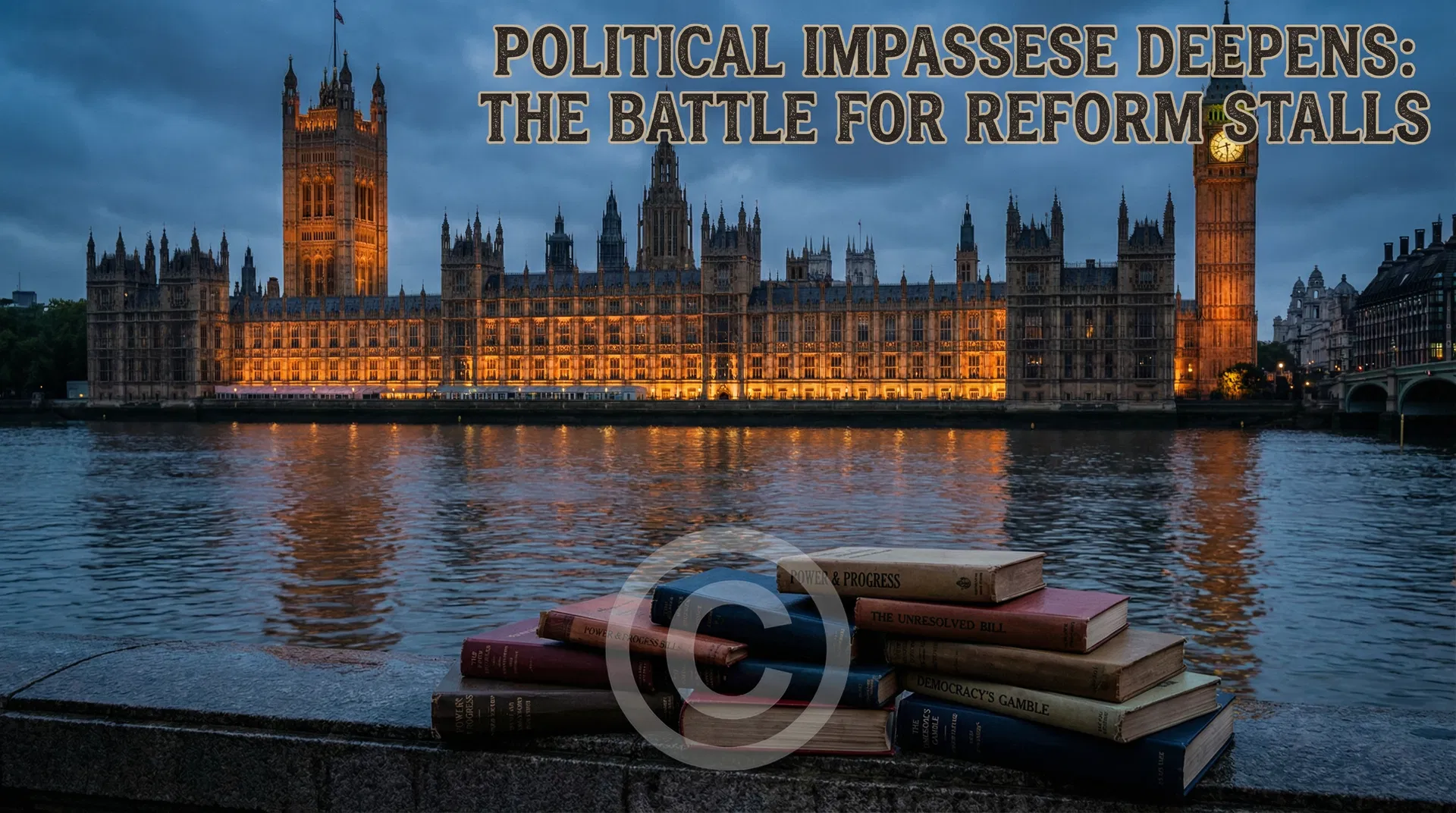 Westminster Palace reflected in the Thames at dusk, with a stack of books and a copyright symbol in the foreground
