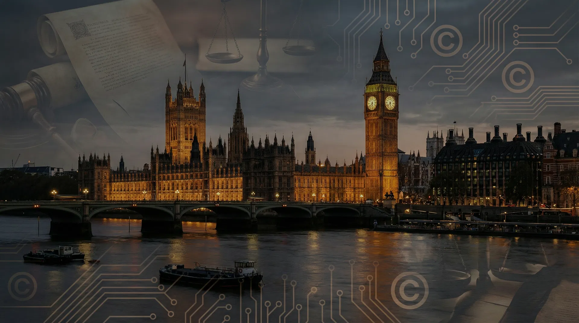 Palace of Westminster at dusk with copyright symbols and circuit board patterns overlay