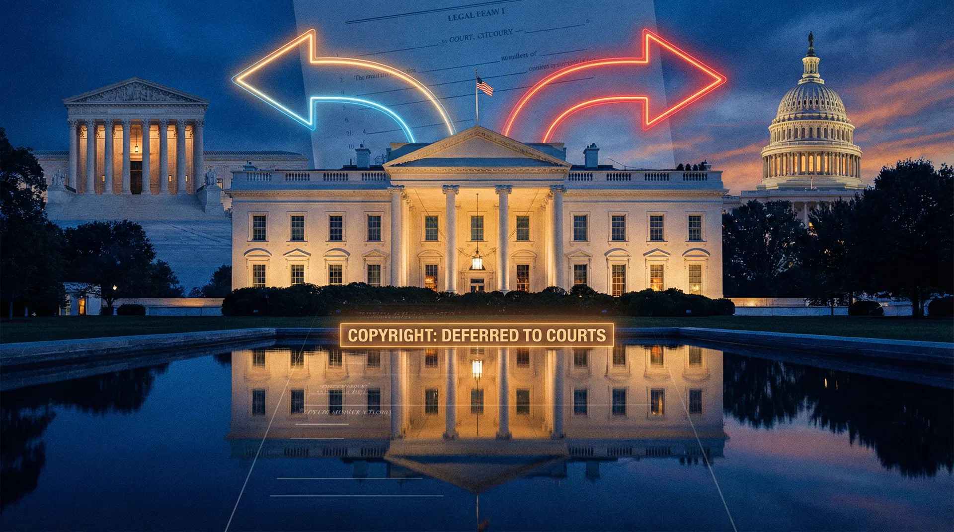 White House at dusk with legal document overlay and diverging neon arrows toward courthouse and Capitol Hill