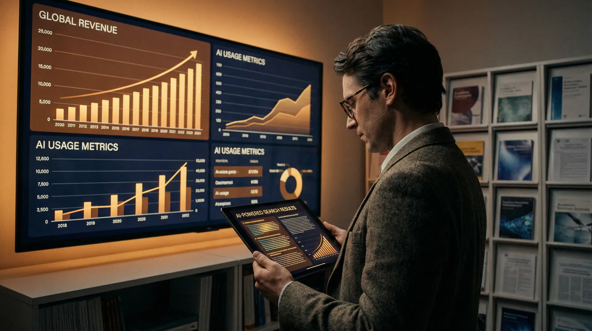 Researcher reviewing AI revenue metrics and publishing data on screens in an academic operations center