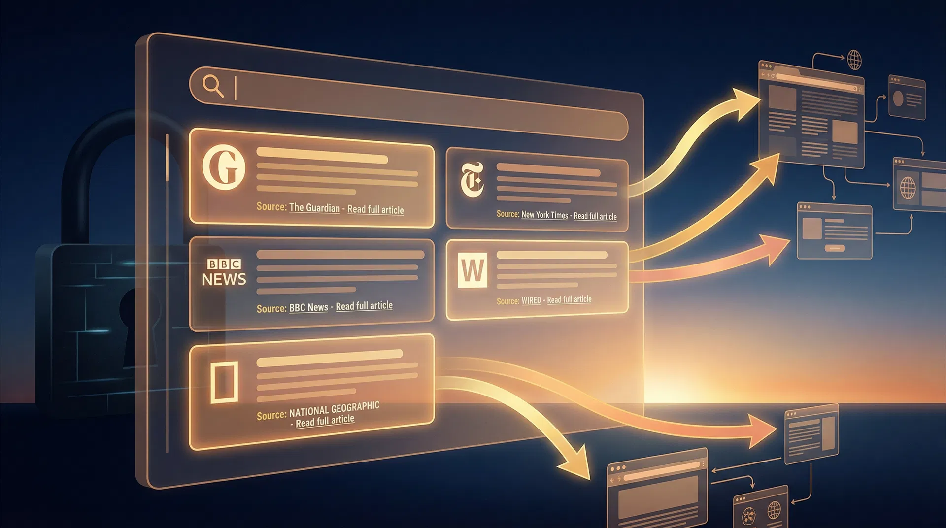 Digital search interface with publisher logos and outbound arrows showing traffic flowing to external websites