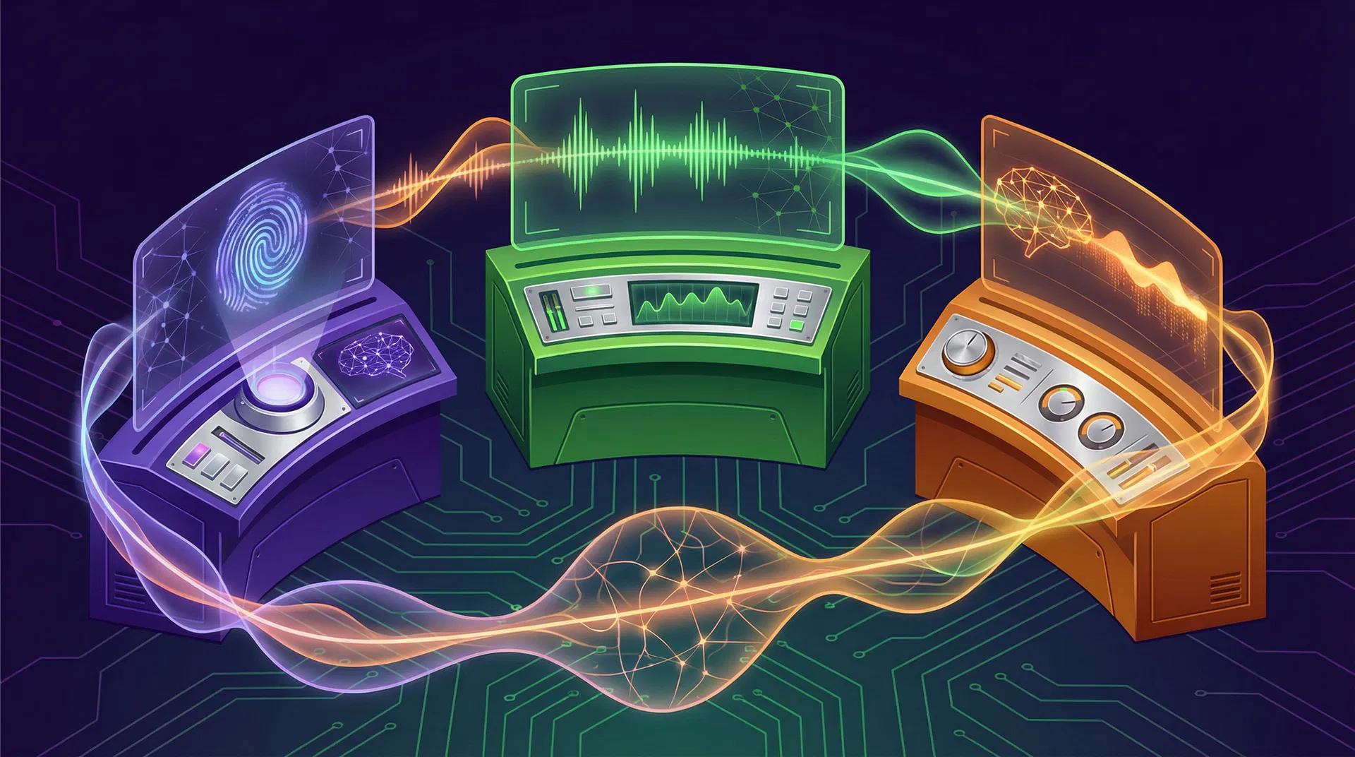 Three AI voice generation platforms as futuristic sound mixing consoles