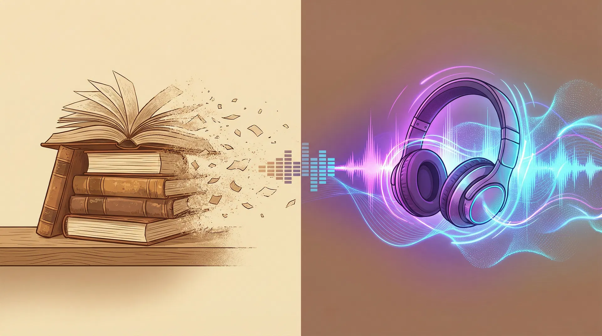 Split scene showing declining print books and rising audio waves
