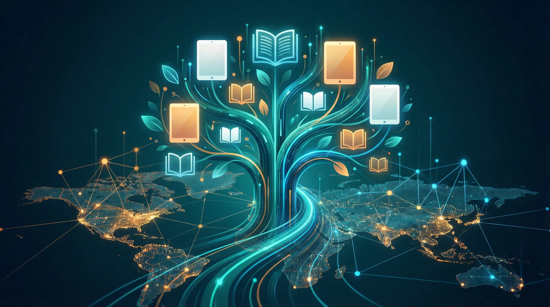 Futuristic digital library with holographic books representing market growth