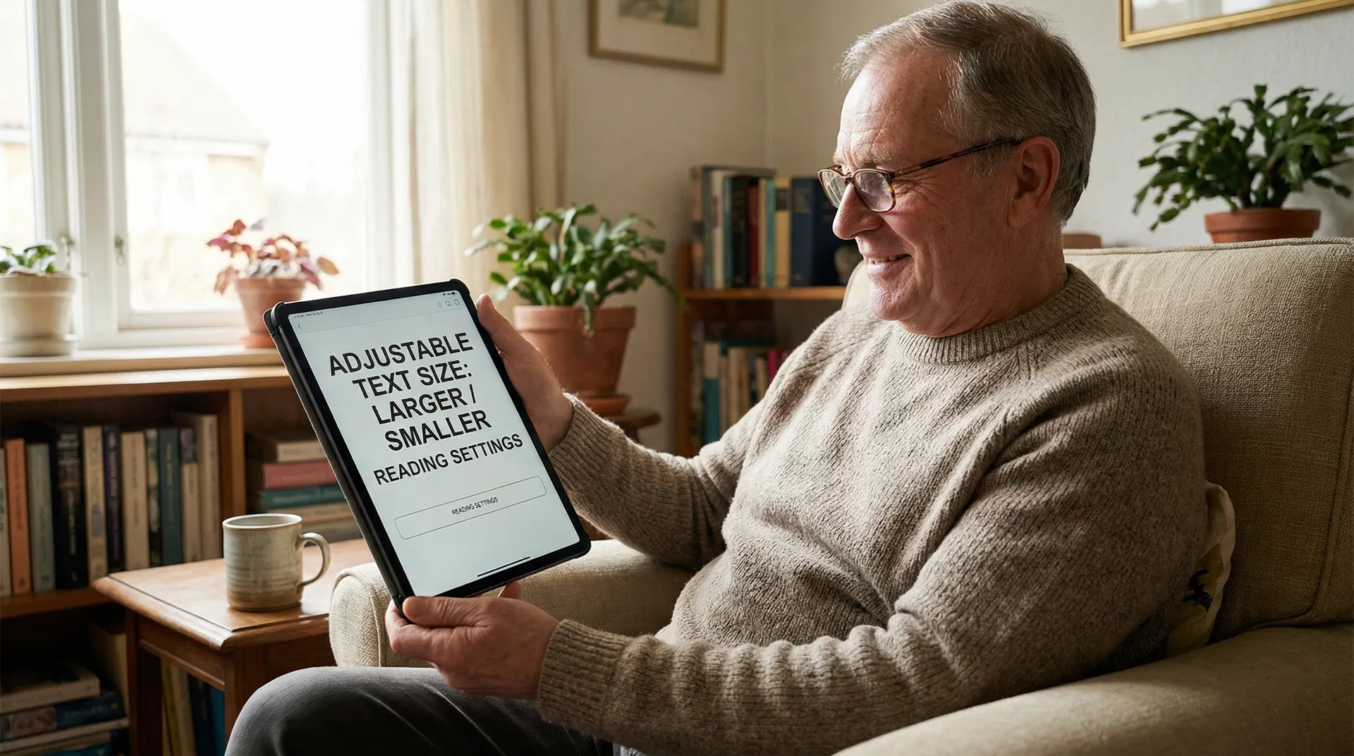 Elderly person using a tablet with large adjustable text in a comfortable living room