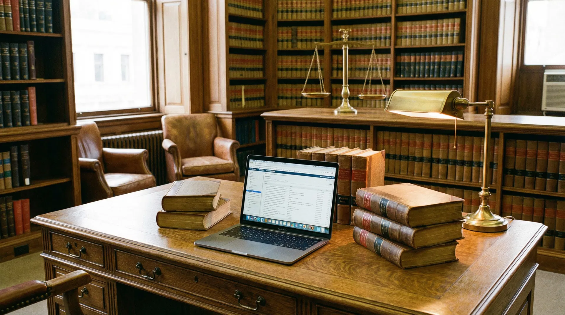 Law library with legal books, laptop, and scales of justice on a wooden desk