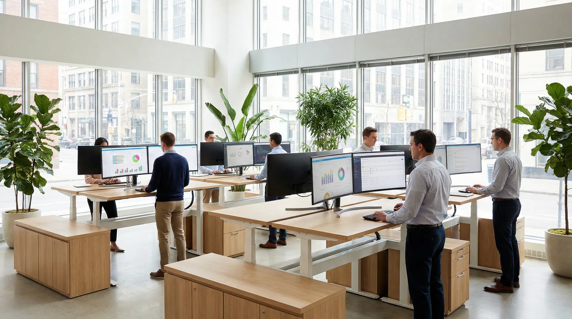 Modern open-plan publishing office with team working at standing desks with data dashboards