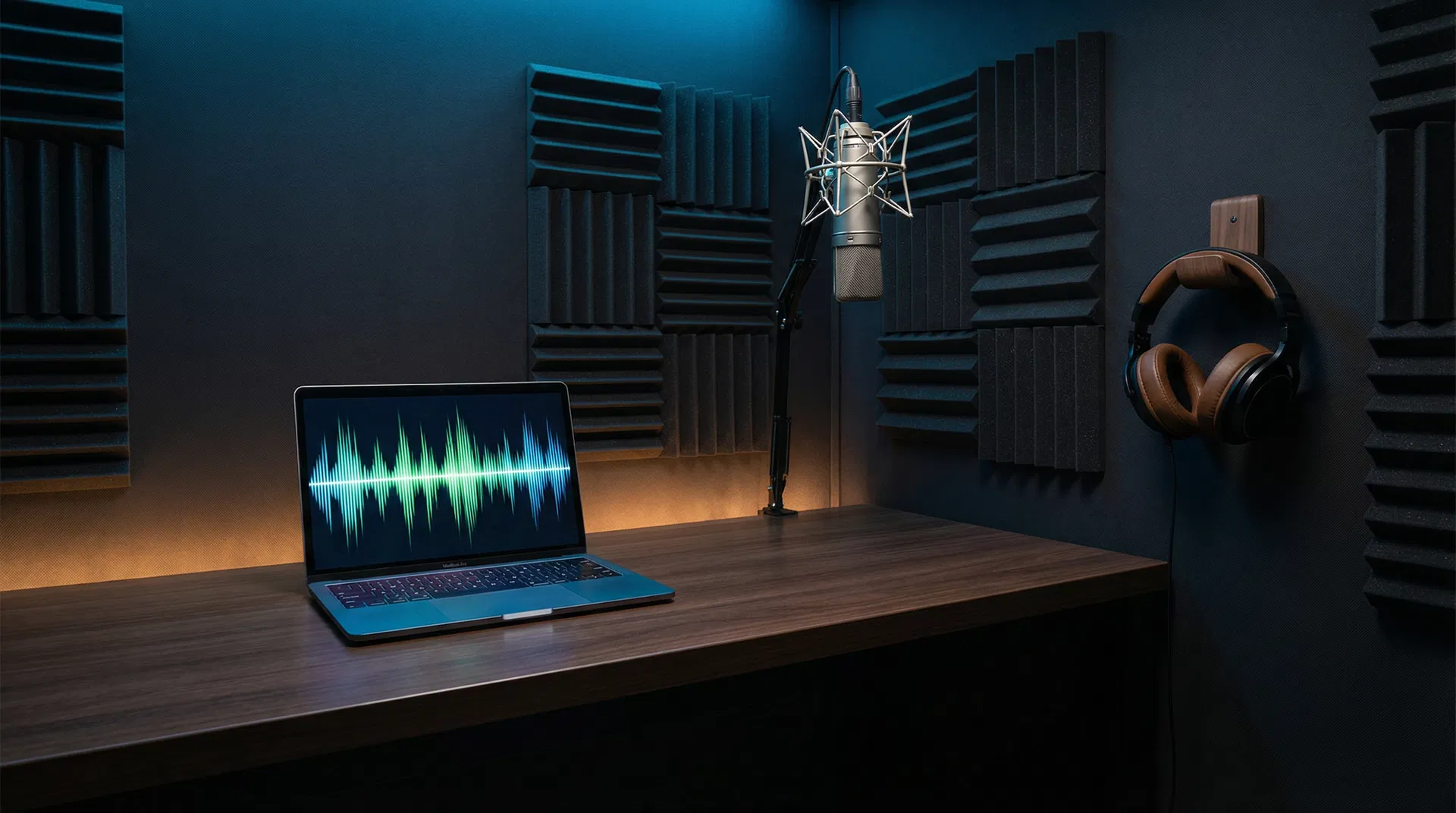 Empty recording booth with laptop showing AI-generated audio waveforms