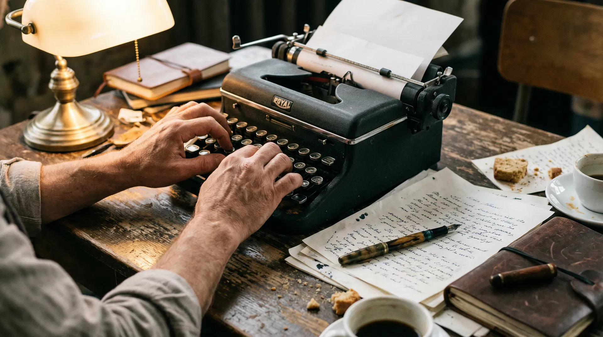 Writer's hands typing on a vintage typewriter with handwritten notes and fountain pen