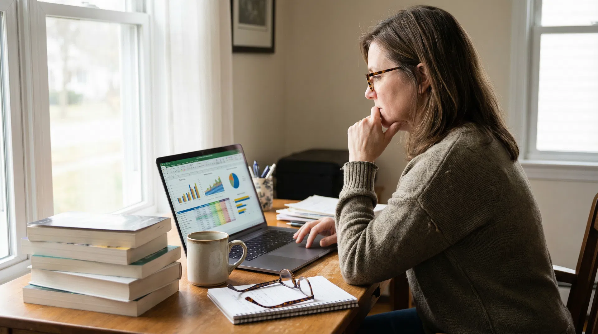 Author at home office desk reviewing financial data on laptop with books nearby