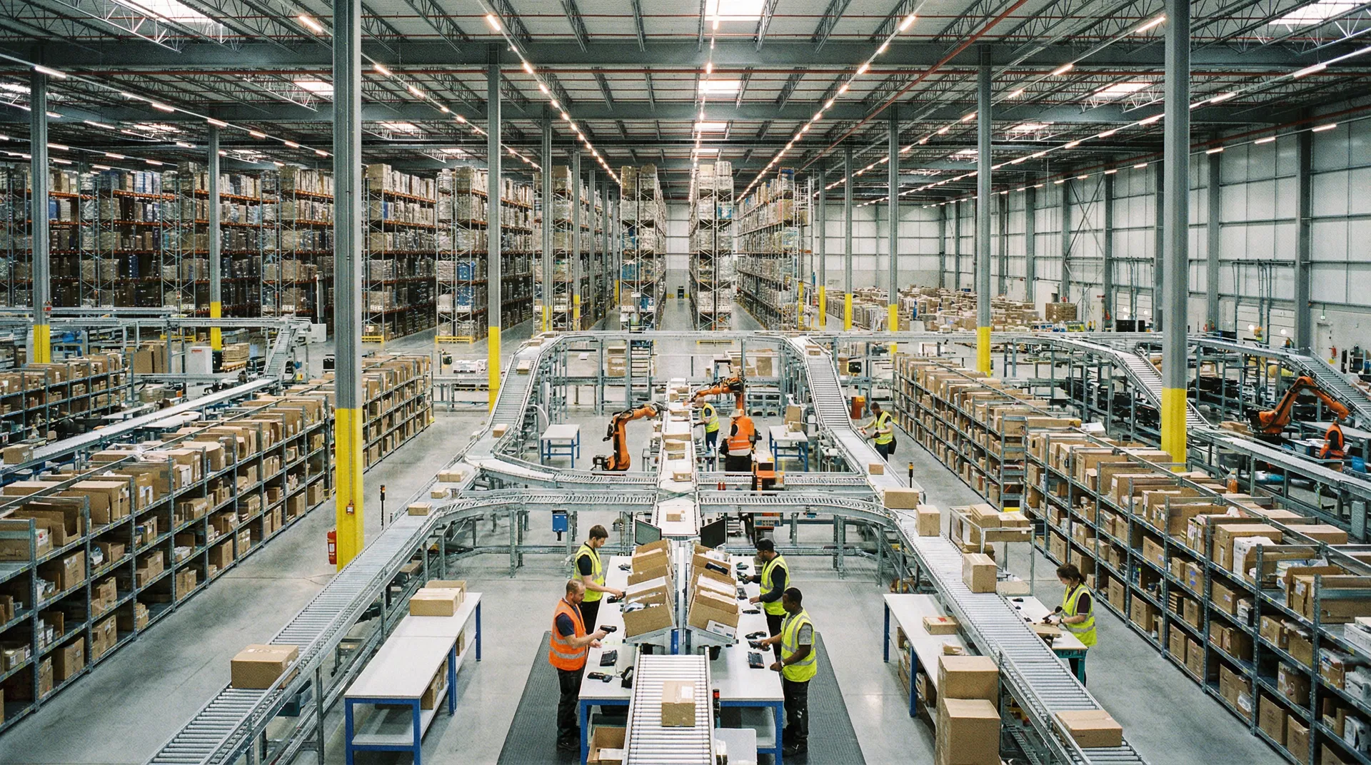 Large modern fulfillment warehouse with conveyor belts and workers scanning packages