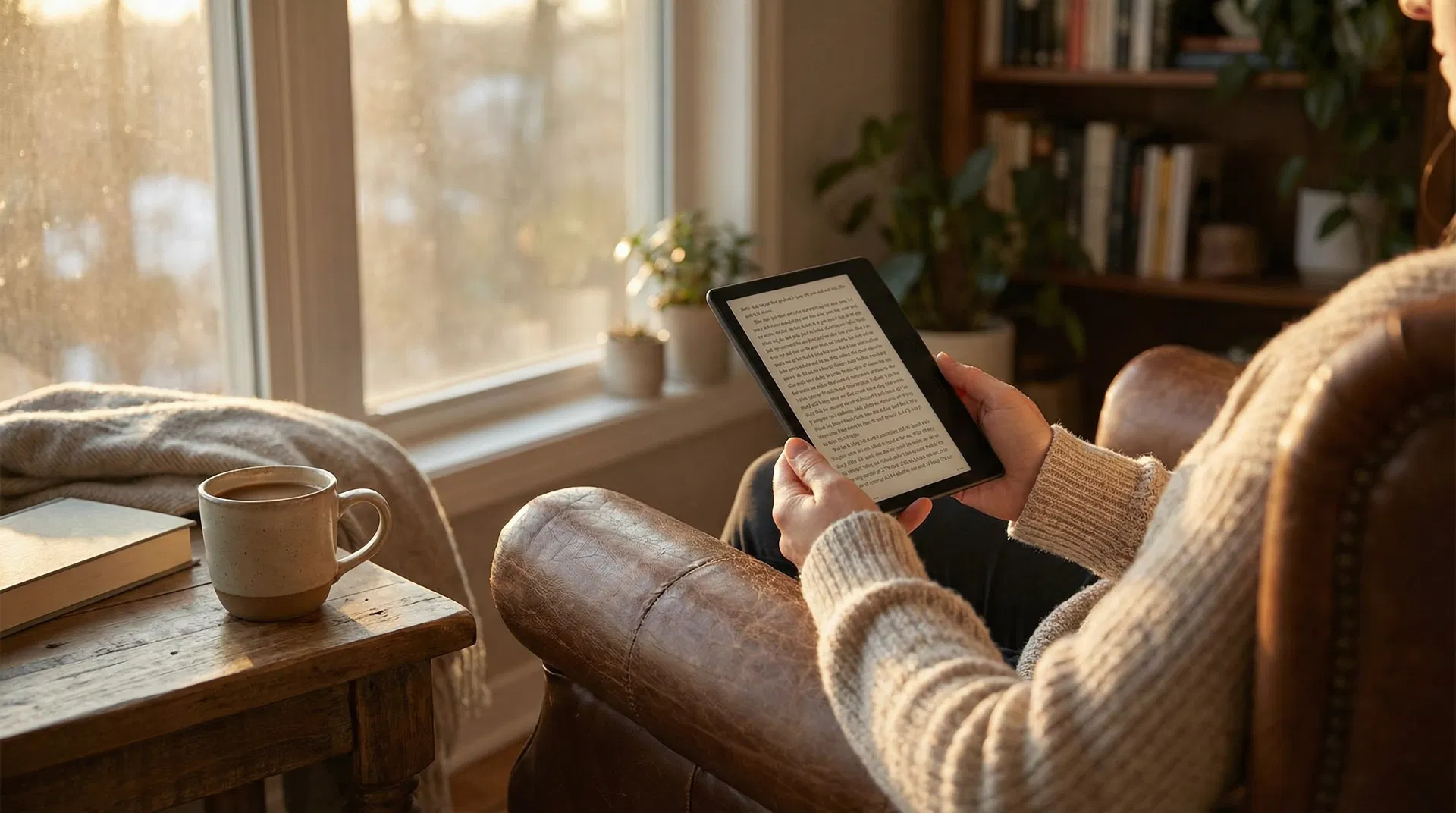 Person reading on an e-reader in a cozy armchair by a window with coffee