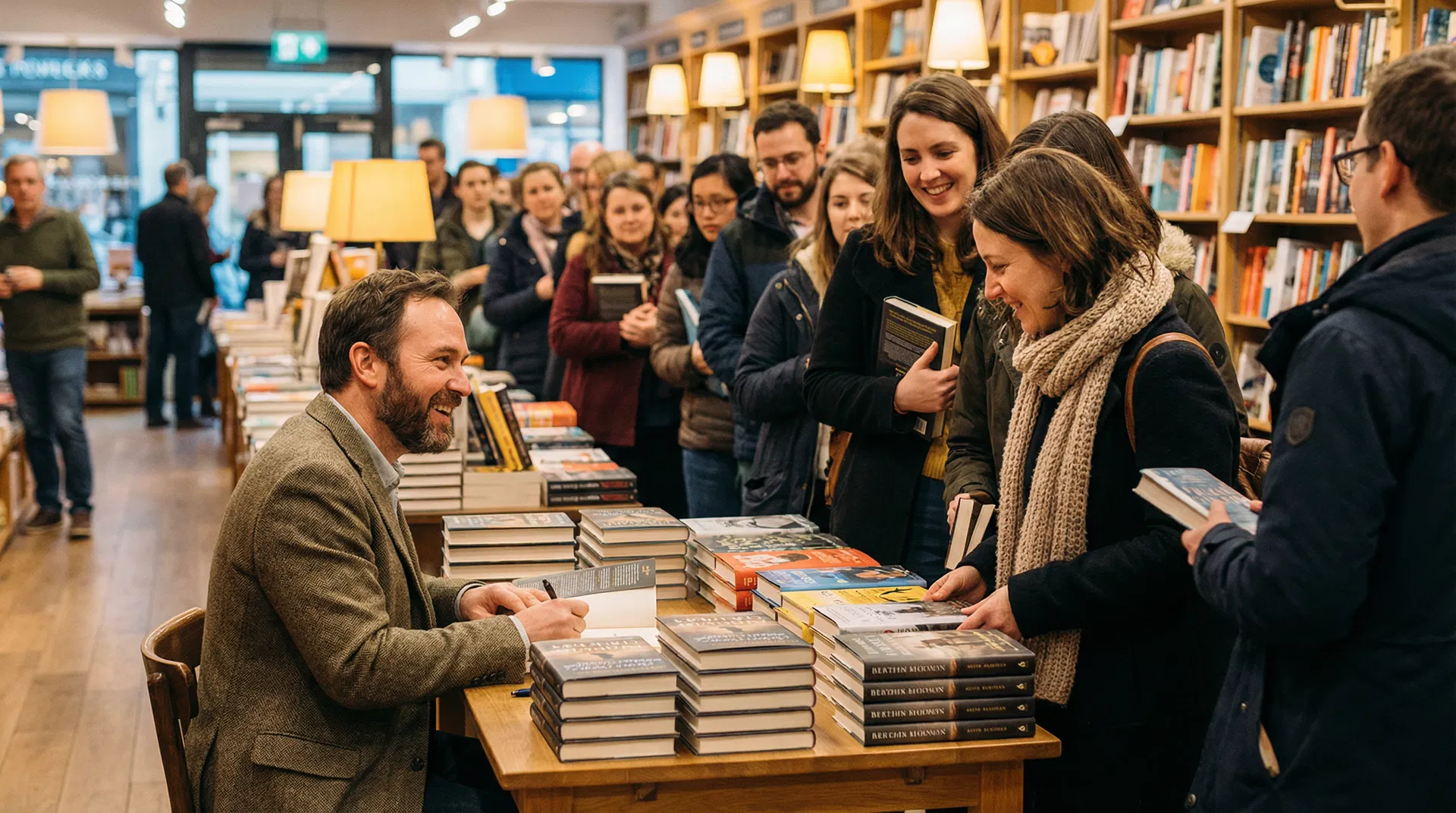 Author book signing event in a modern bookstore with enthusiastic readers