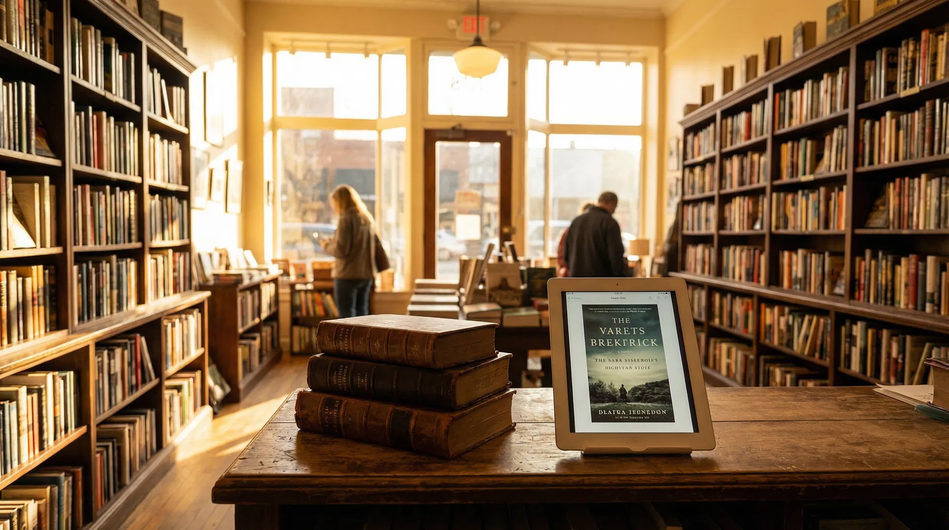 Traditional bookstore interior with old books and a modern tablet on the counter