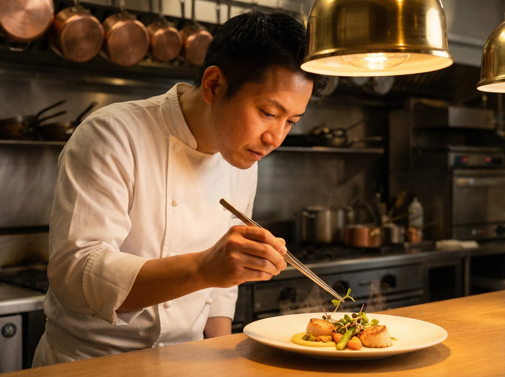 Profi-Koch beim präzisen Anrichten eines Gourmet-Gerichts