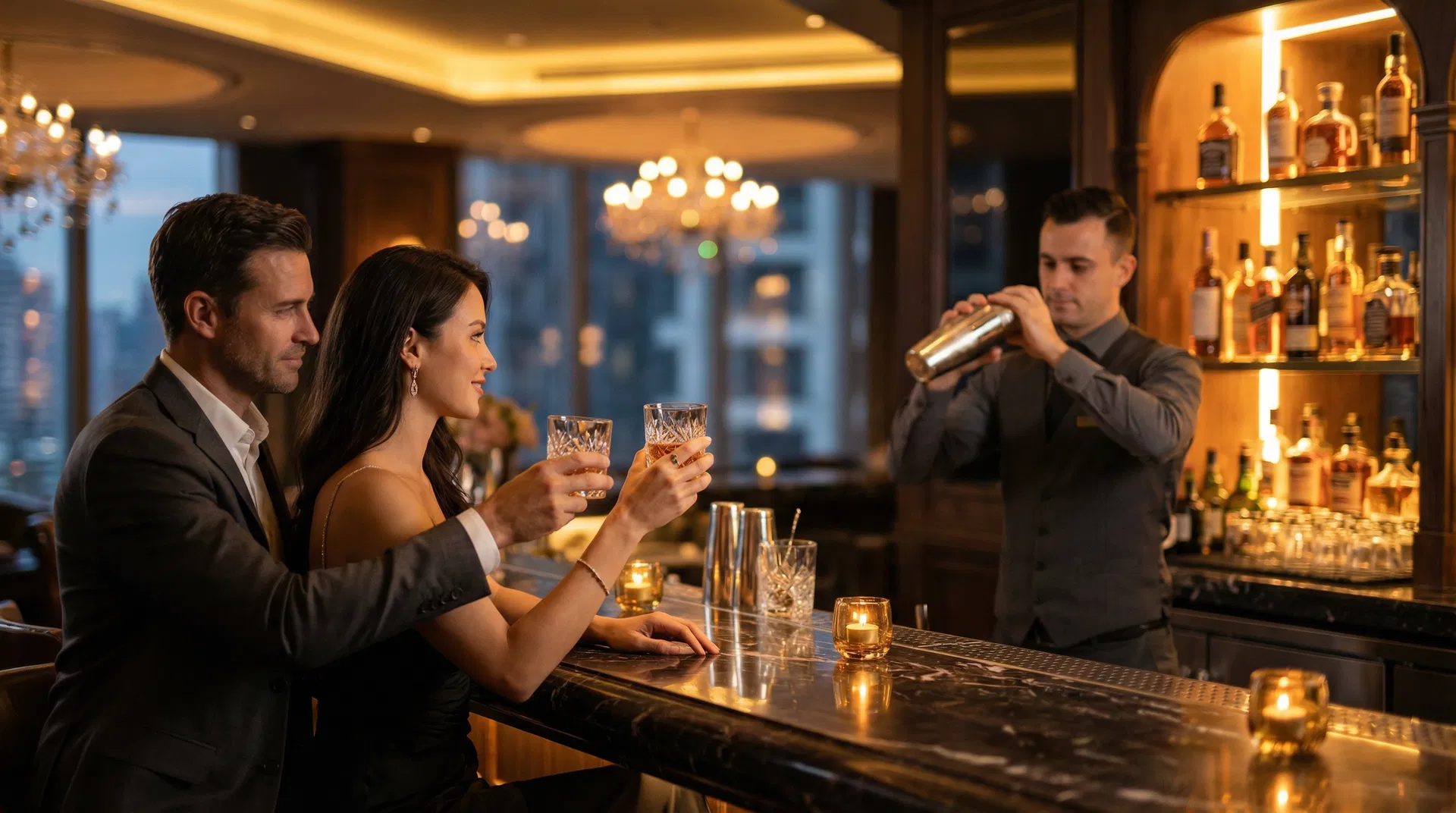 Luxuriöse Bar mit Gästen und Cocktails