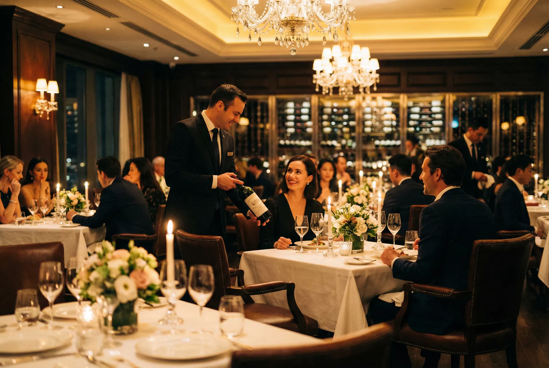 Belebtes Fine-Dining-Restaurant mit zufriedenen Gästen