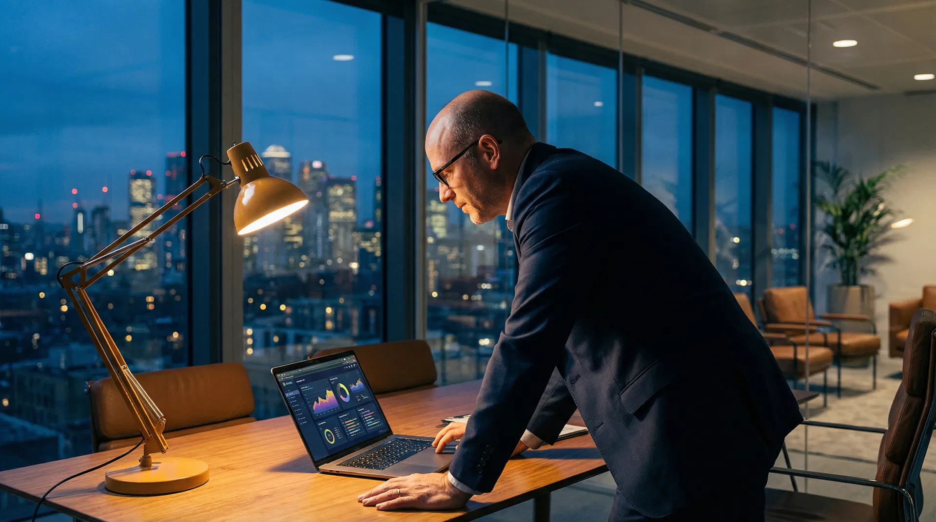 SMB founder reviewing AI strategy at night