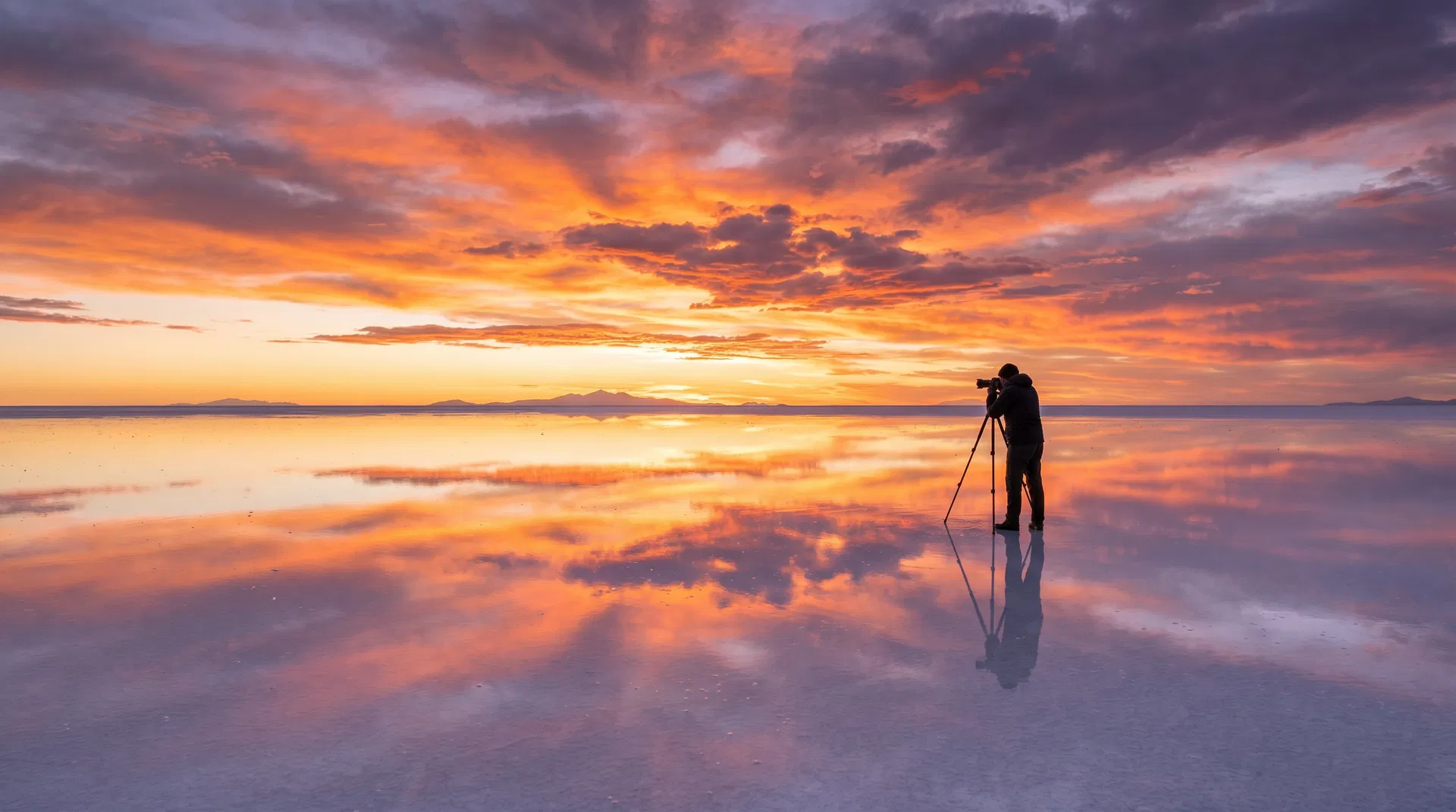 Fotograf mit Stativ auf dem Salar de Uyuni beim Sonnenuntergang – perfekte Spiegelung des dramatischen Himmels in der Salzfläche