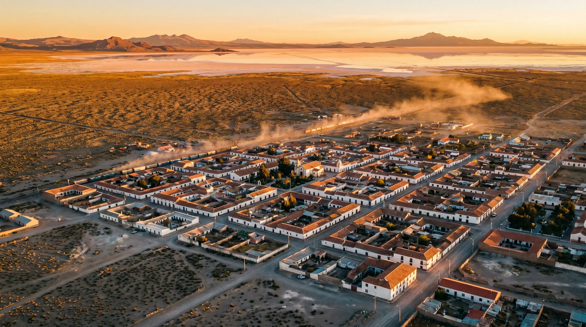 Luftaufnahme der Stadt Uyuni bei Sonnenuntergang – kleine Kolonialstadt am Rand des Salar de Uyuni mit Bergen im Hintergrund