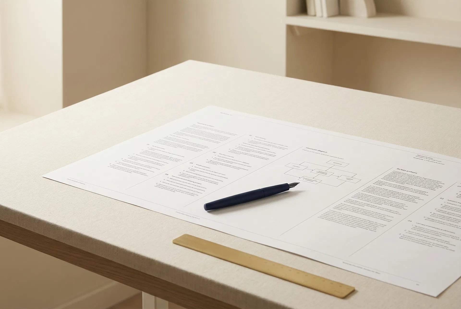 Structured process documents and workflow diagram on a clean executive desk