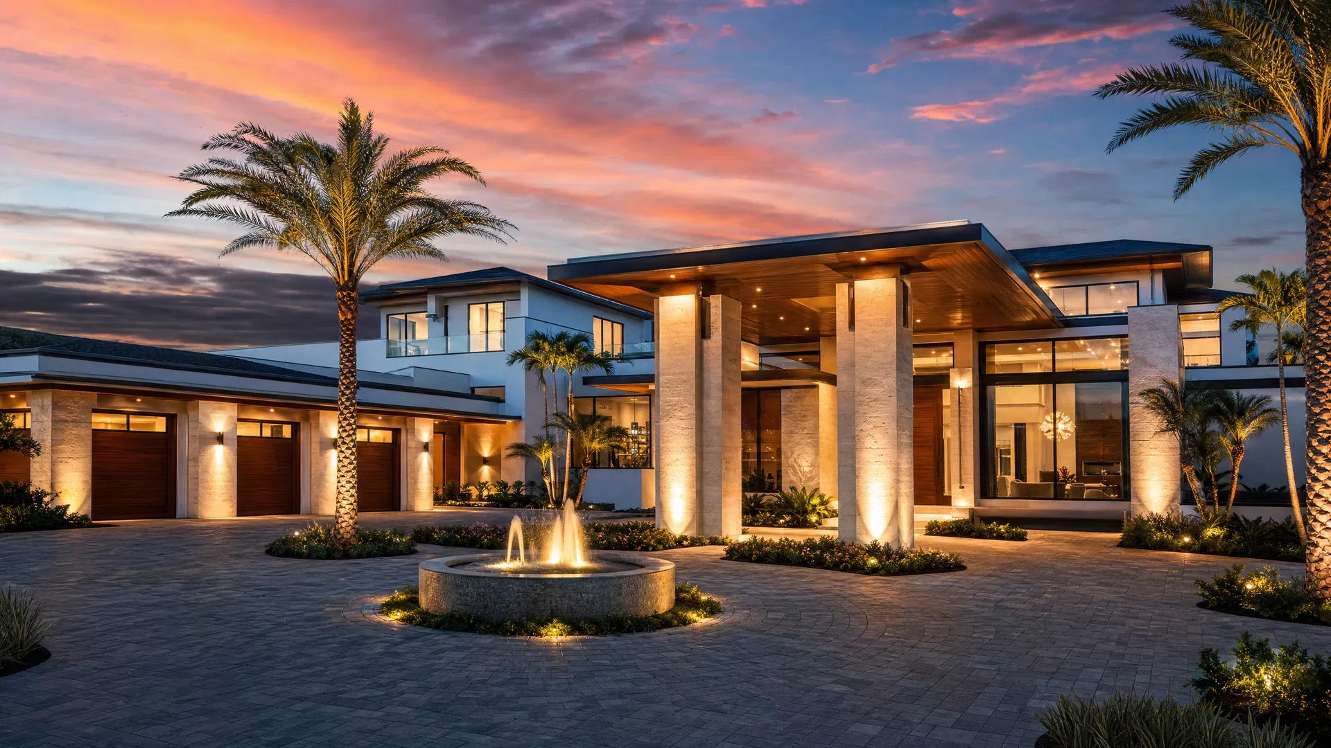 Contemporary luxury custom home exterior with porte-cochere and fountain in Cape Coral Florida at dusk