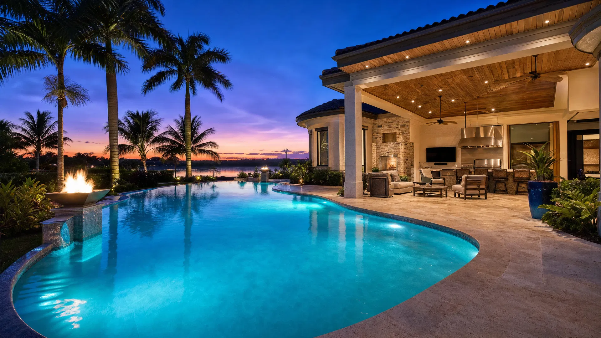 Resort-style infinity pool and covered lanai with outdoor kitchen at twilight in Naples Florida
