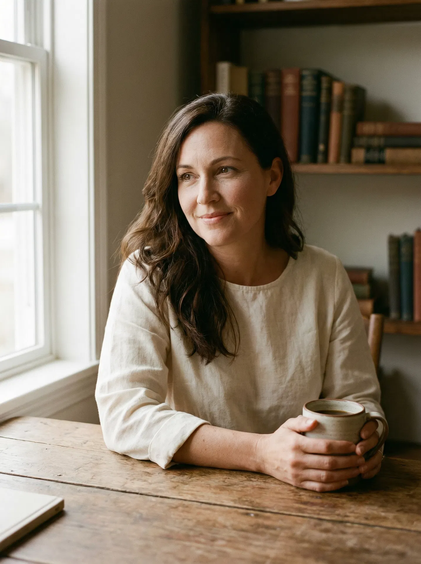 The author at her desk with morning coffee