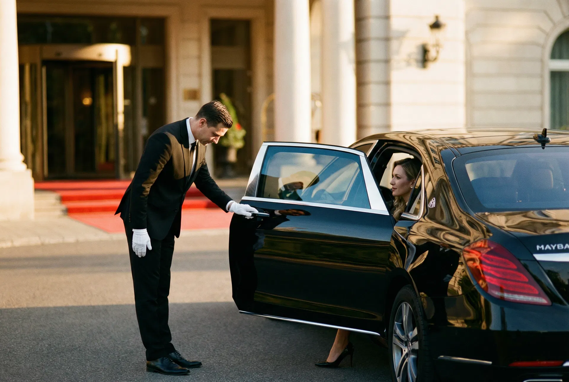 Professional luxury chauffeur opening car door in Los Angeles