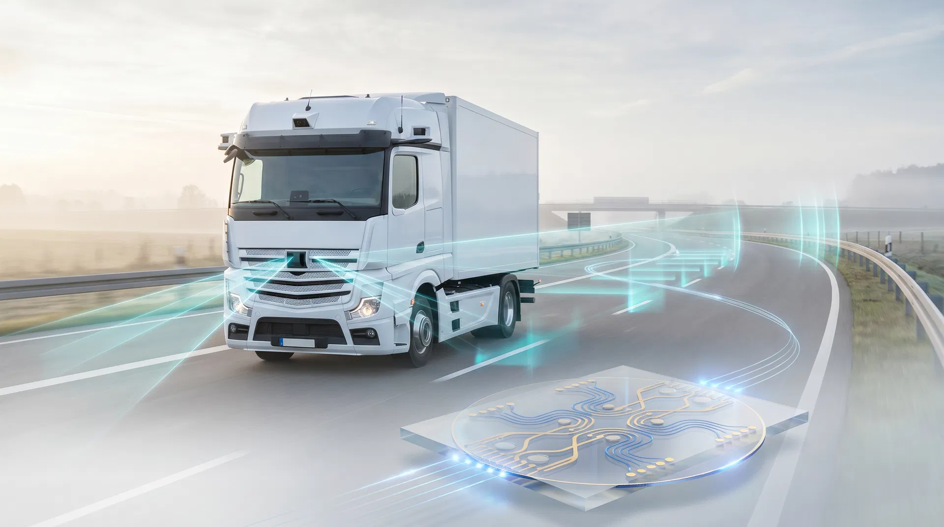 Autonomous logistics truck with cyan photonic sensing paths and a foreground InP chip motif
