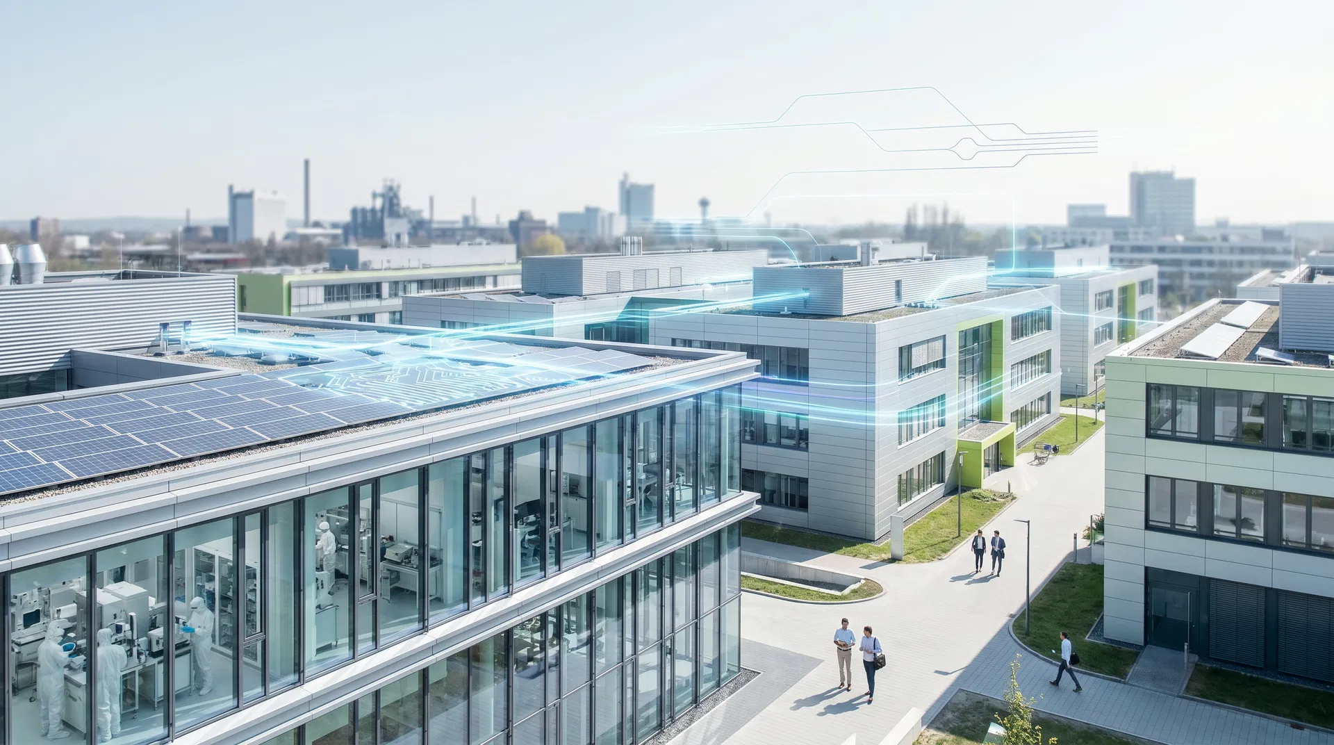 Technologisch geprägter Forschungscampus der Universität Duisburg-Essen in Duisburg mit modernen Laborgebäuden, Cleanroom-Aktivität und dezenten photonischen Leiterbahn-Overlays