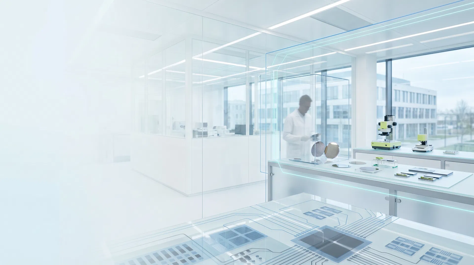 Modernes Future-Tech-Labor des Fraunhofer IMS Duisburg mit Wafer-Inspektion, Cleanroom-Glas, photonischen Leiterbahn-Overlays und fortschrittlicher Mikroelektronik-Ausstattung
