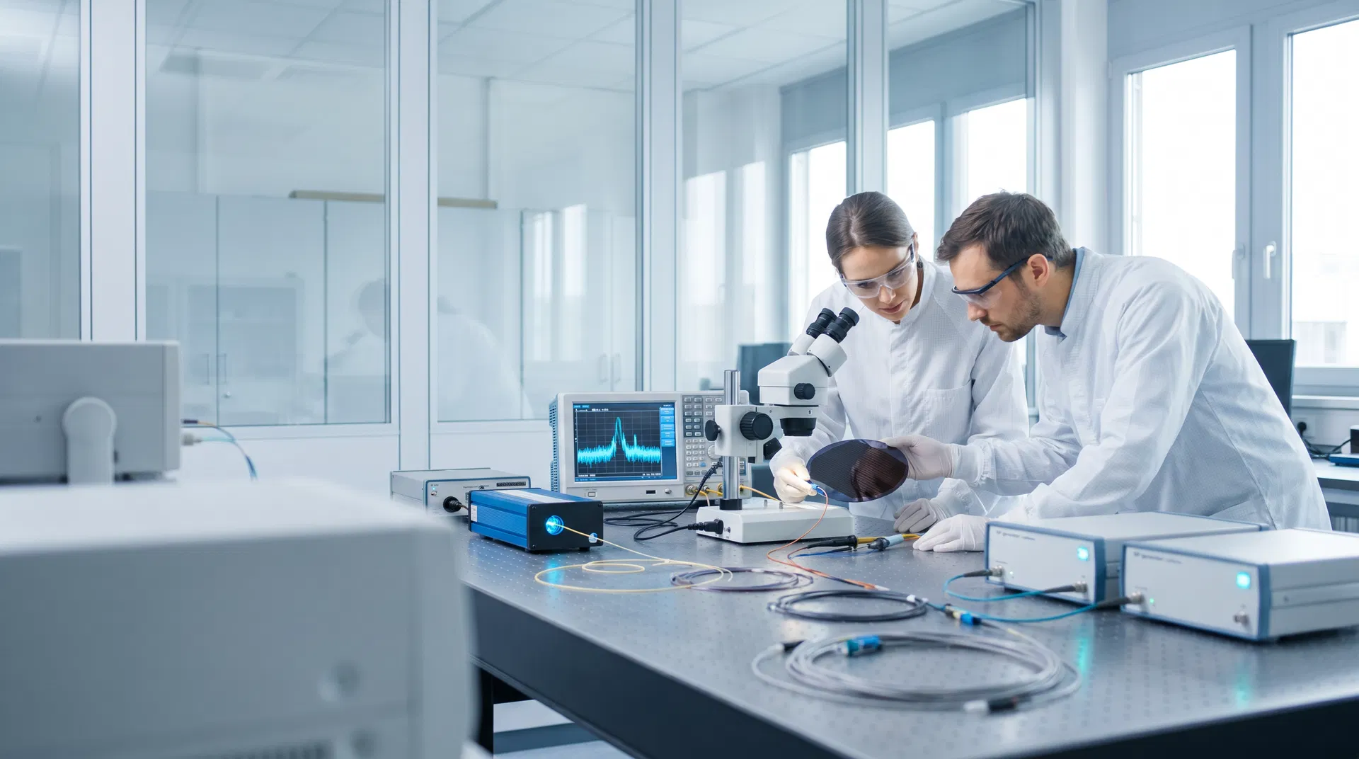 Modernes Photoniklabor mit Wissenschaftlern in Reinraumkitteln, die einen photonischen Wafer neben optischen Instrumenten, Glasfaserkabeln und RF-Messtechnik prüfen