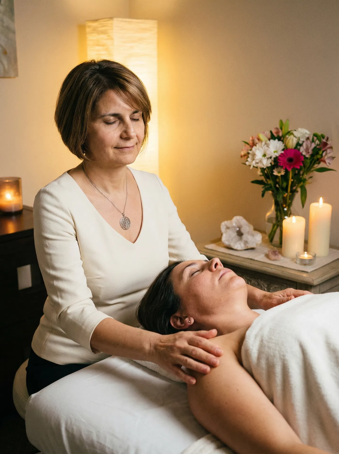 Helena Fotiadou bei einer energetischen AUNDA Heilsitzung mit Kerzen und Kristallen
