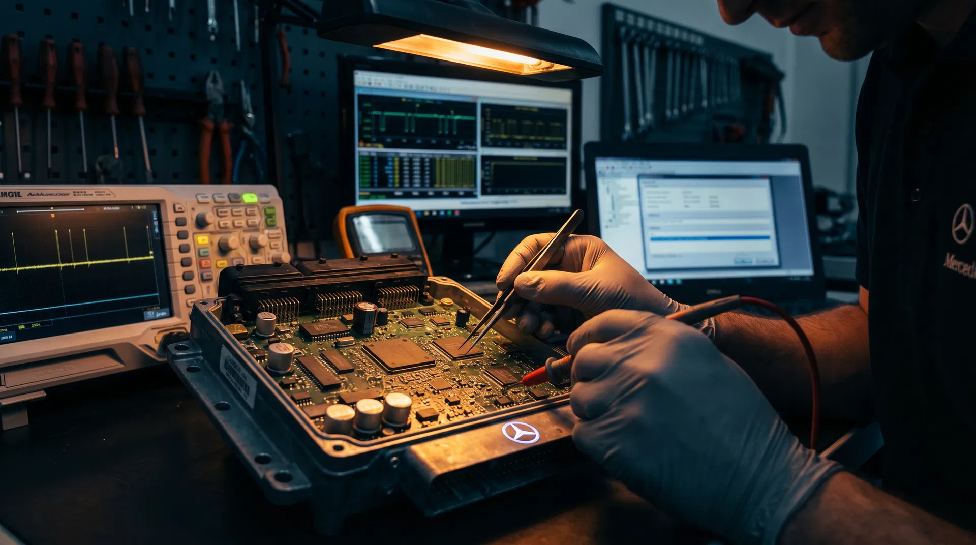 Mercedes Actros Steuergerät MCM Reparatur – Techniker prüft Platine im Diagnosezentrum Kerpen
