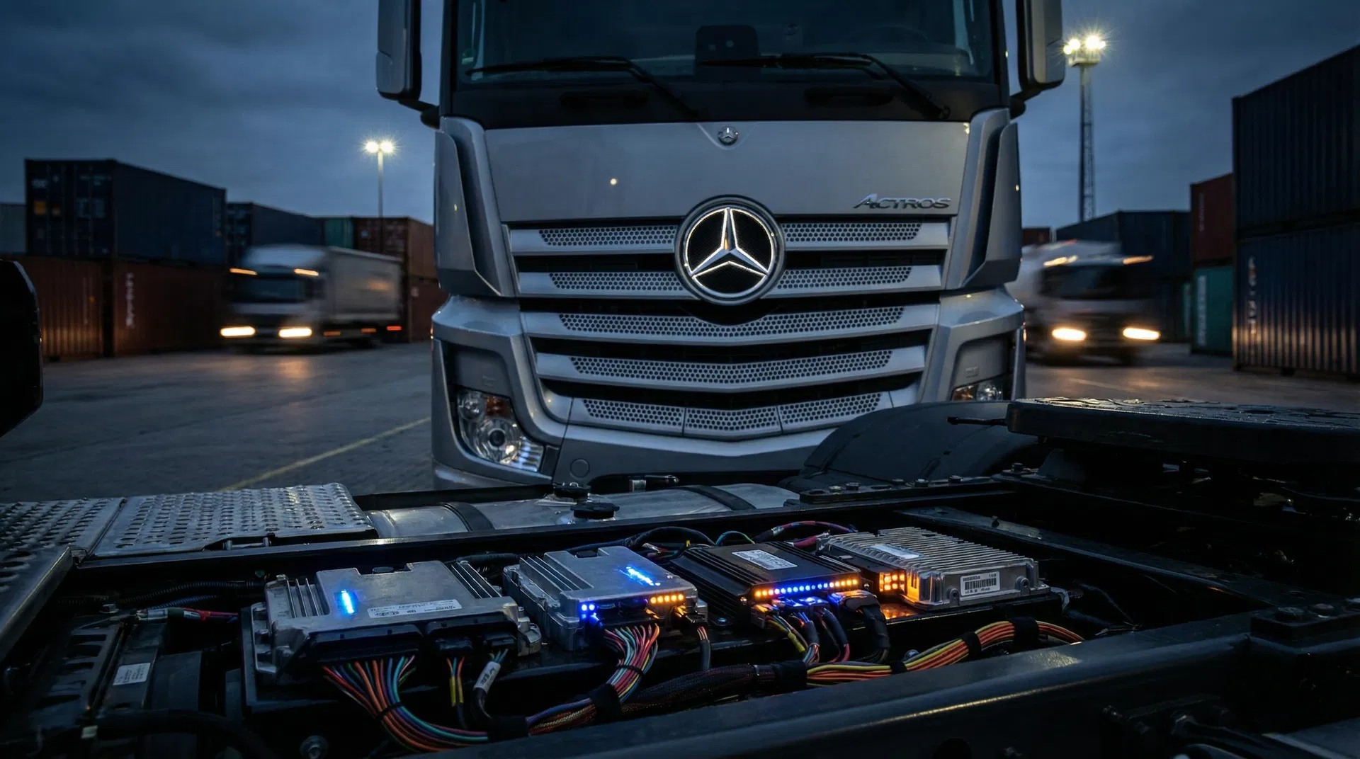 Mercedes Actros LKW Frontansicht mit freiliegenden Steuergeräten – Fehlerdiagnose und Reparatur Elektronik-Systeme