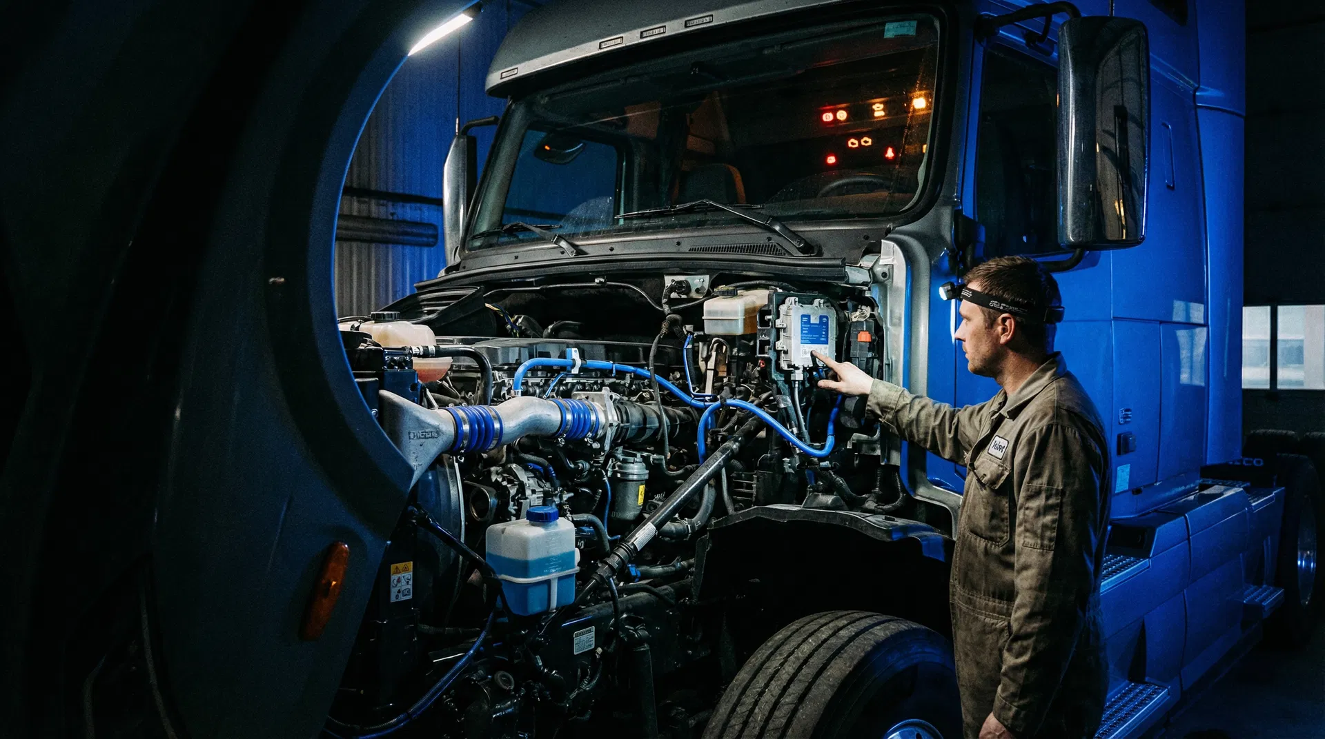 Mechaniker prüft defektes AdBlue SCR Steuergerät in einem LKW. Ursachen und Reparatur von AdBlue Problemen.