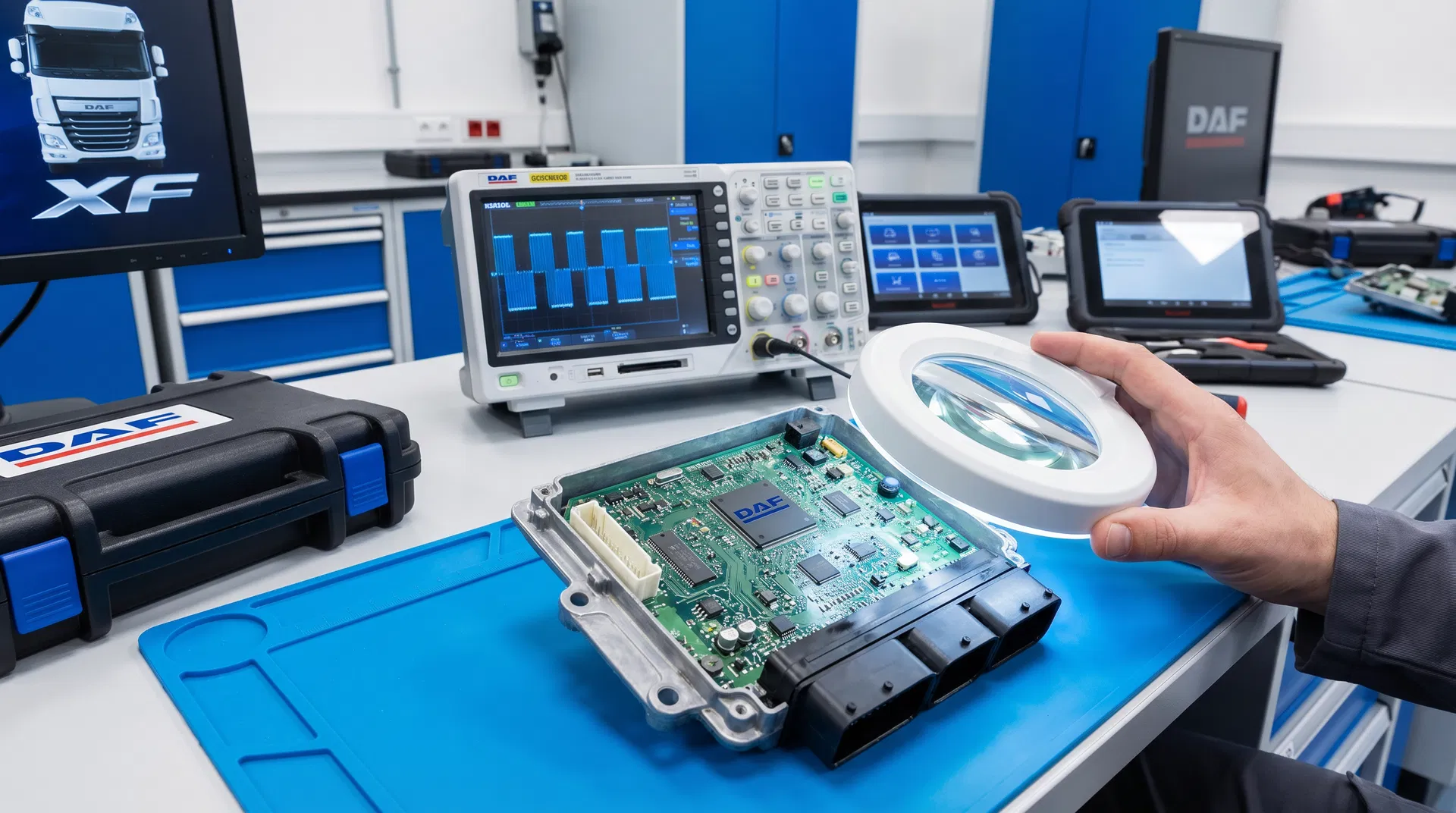 DAF XF Delphi DCM3.3 Steuergerät Inspektion – Techniker prüft Platine mit Lupe im Elektronik-Labor Kerpen