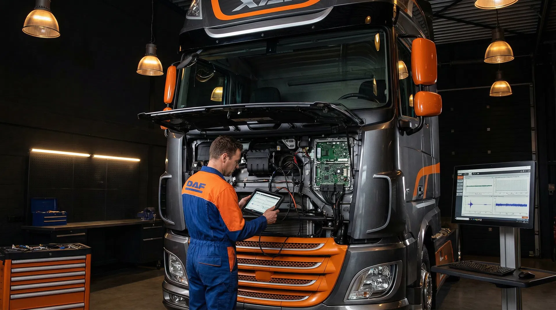 Ein Mechaniker prüft das DAF XF Steuergerät in einem modernen Werkstattumfeld. Professionelle Reparatur von DAF XF / CF Steuergeräten.