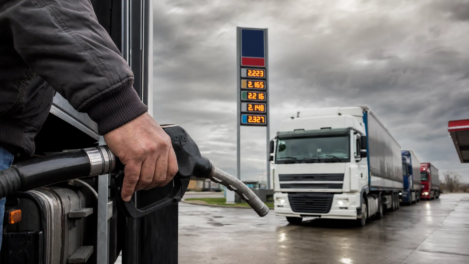LKW-Fahrer tankt Diesel an einer Autobahnraststätte — Kraftstoffpreise auf Rekordhoch 2026