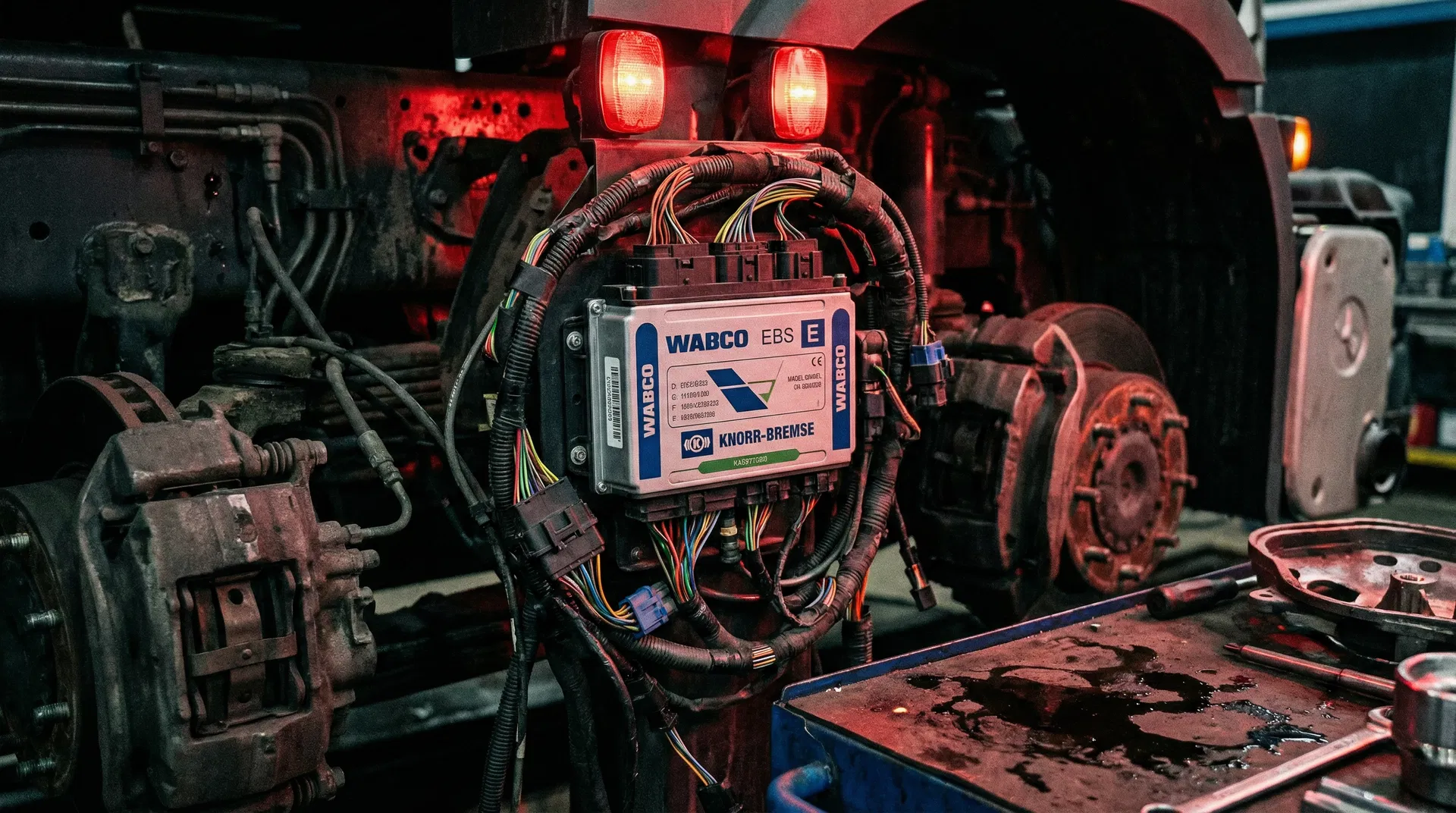 Mechaniker prüft ein defektes EBS Bremssteuergerät in einem LKW. Fokus auf Wabco/Knorr-System. Wichtig bei EBS Steuergerät defekt LKW.