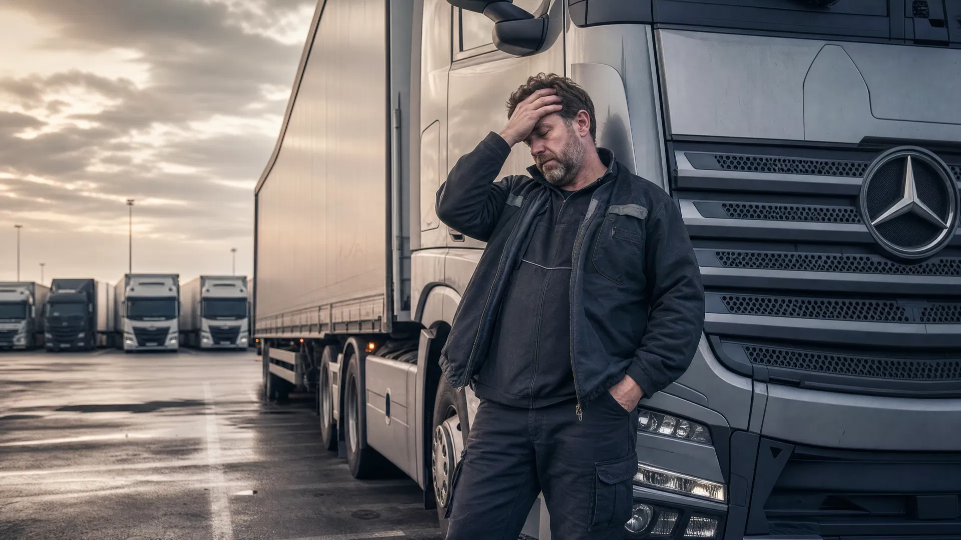 Erschöpfter LKW-Fahrer lehnt an einem Mercedes-Benz Actros auf einem Speditionsgelände — Symbol für den Fahrermangel in Deutschland 2026