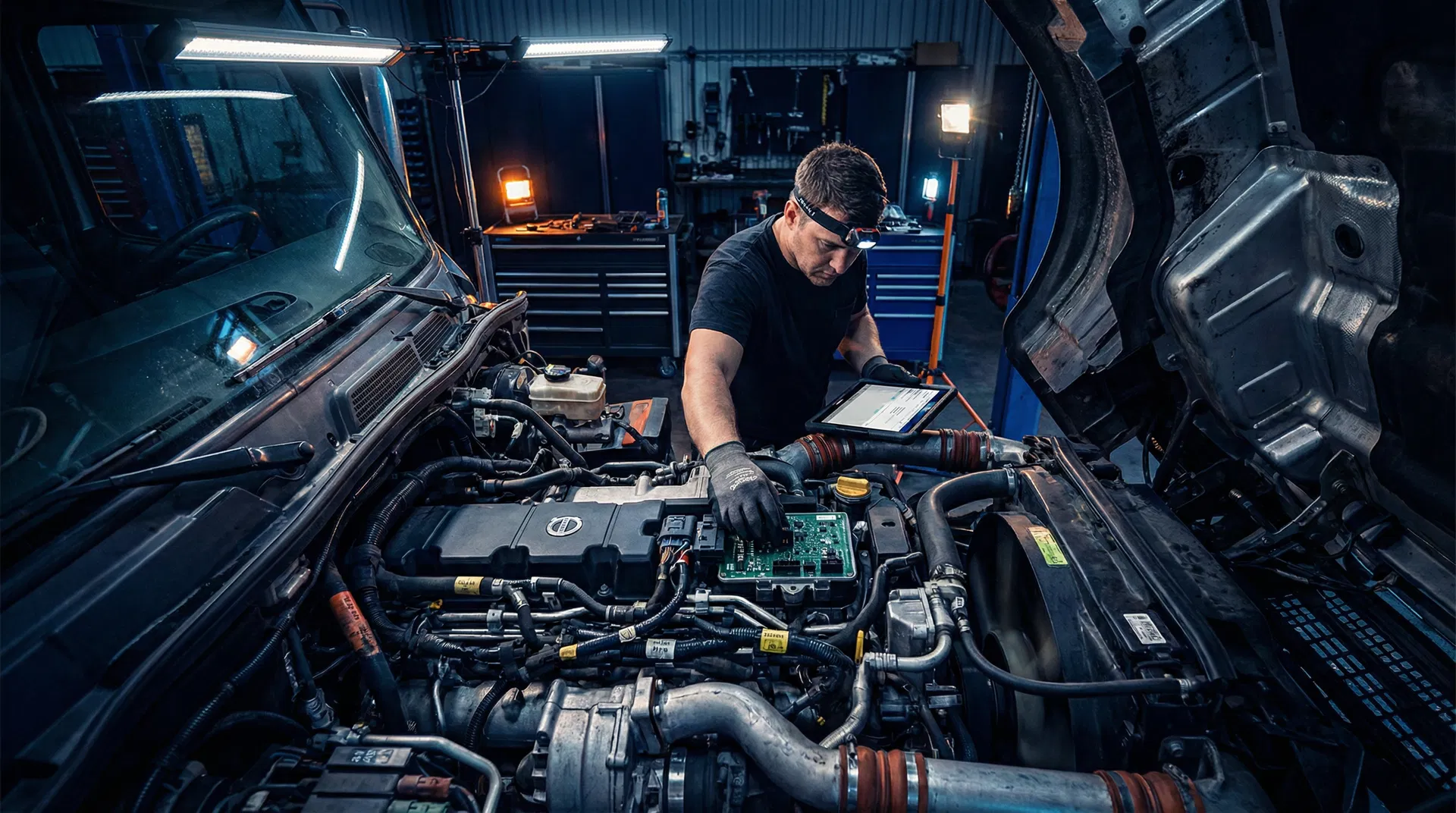 Mechaniker repariert ein LKW Steuergerät in einer Werkstatt. Professionelle Steuergerät Reparatur für LKW spart Kosten.