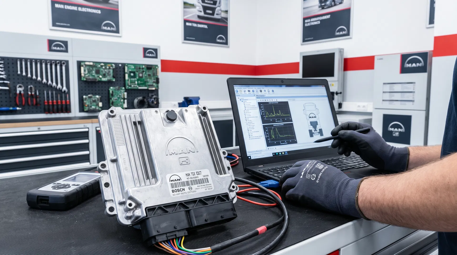 MAN TGX EDC7 Bosch Steuergerät Diagnose – Techniker verbindet Laptop mit Steuergerät im Reparaturzentrum