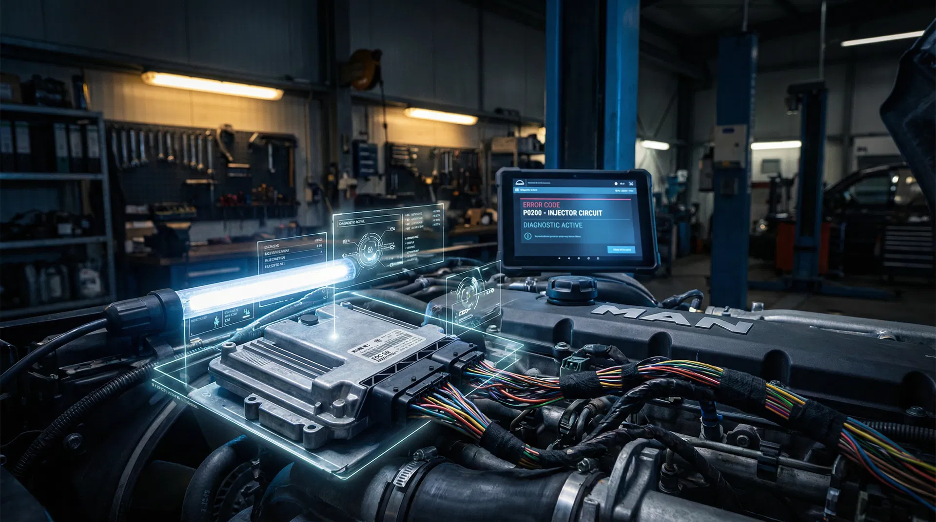 Nahaufnahme eines MAN TGX LKW-Motors mit dem EDC7 Steuergerät, das die komplexen Kabel und Anschlüsse zeigt. Fokus auf das Steuergerät, um die Wichtigkeit der MAN TGX Steuergerät Reparatur hervorzuheben.